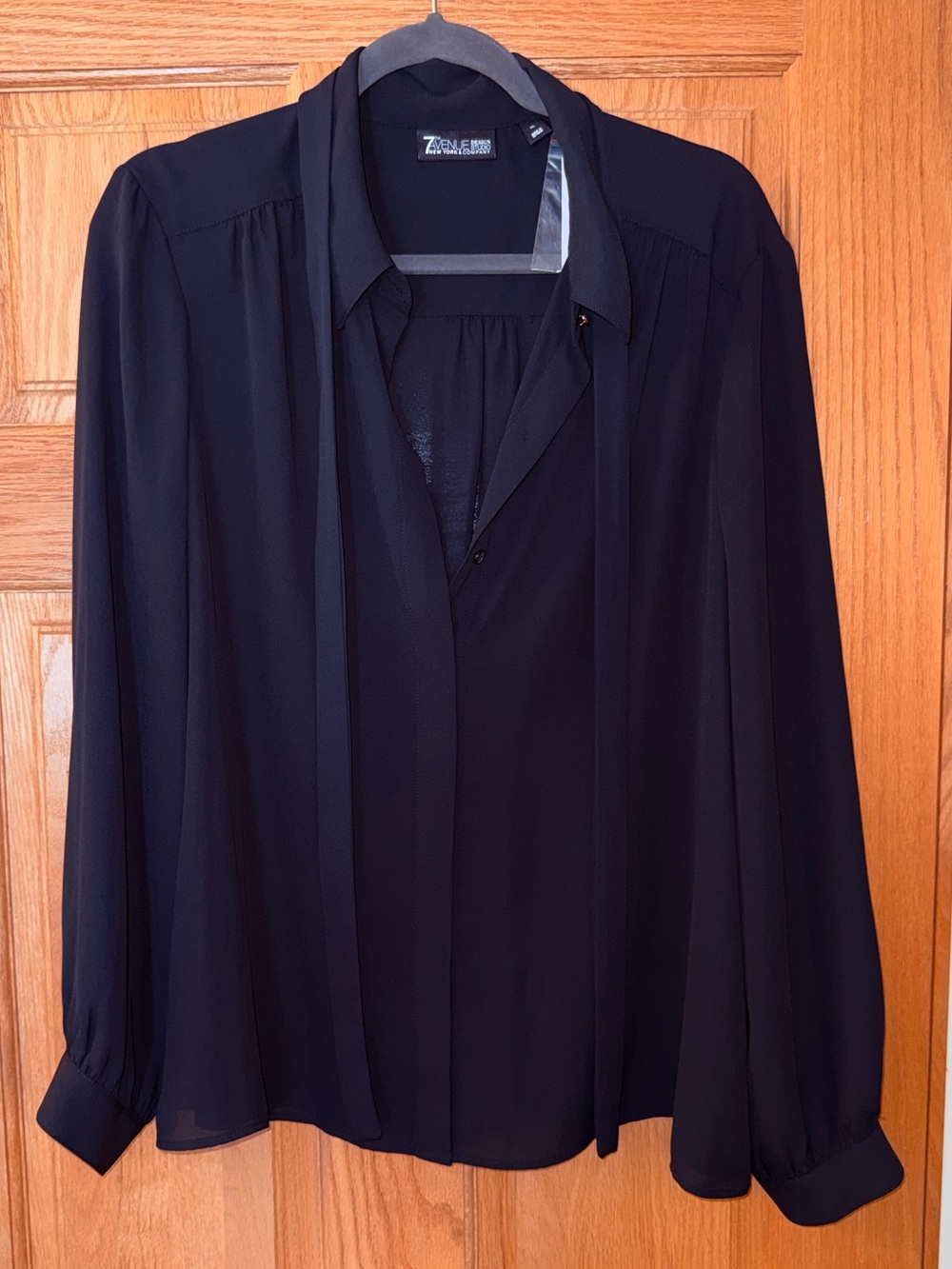 Black Long-Sleeve Tie-Neck Blouse
